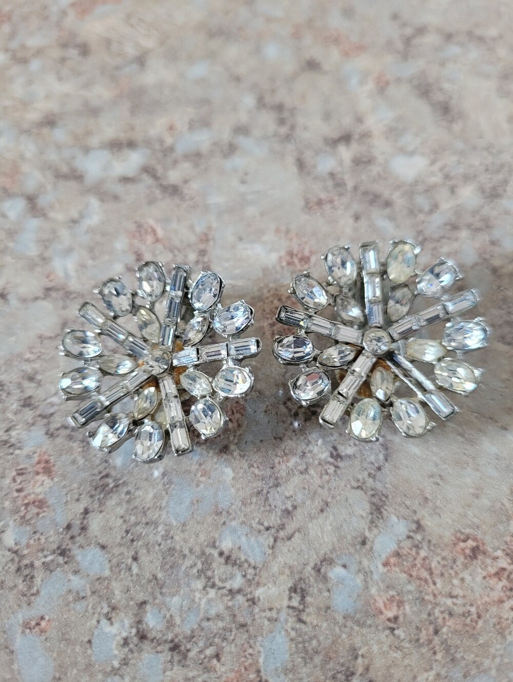 Antique Silver Plated Clear Simulated Crystal Cluster Clip-On Earrings